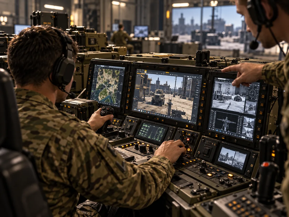 Operator working a simulator console of physical controls and screens.