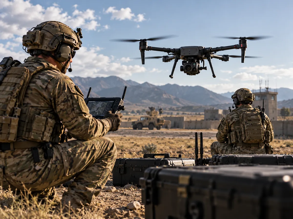 UAS operator with a handheld ground control station while a quadcopter flies nearby.