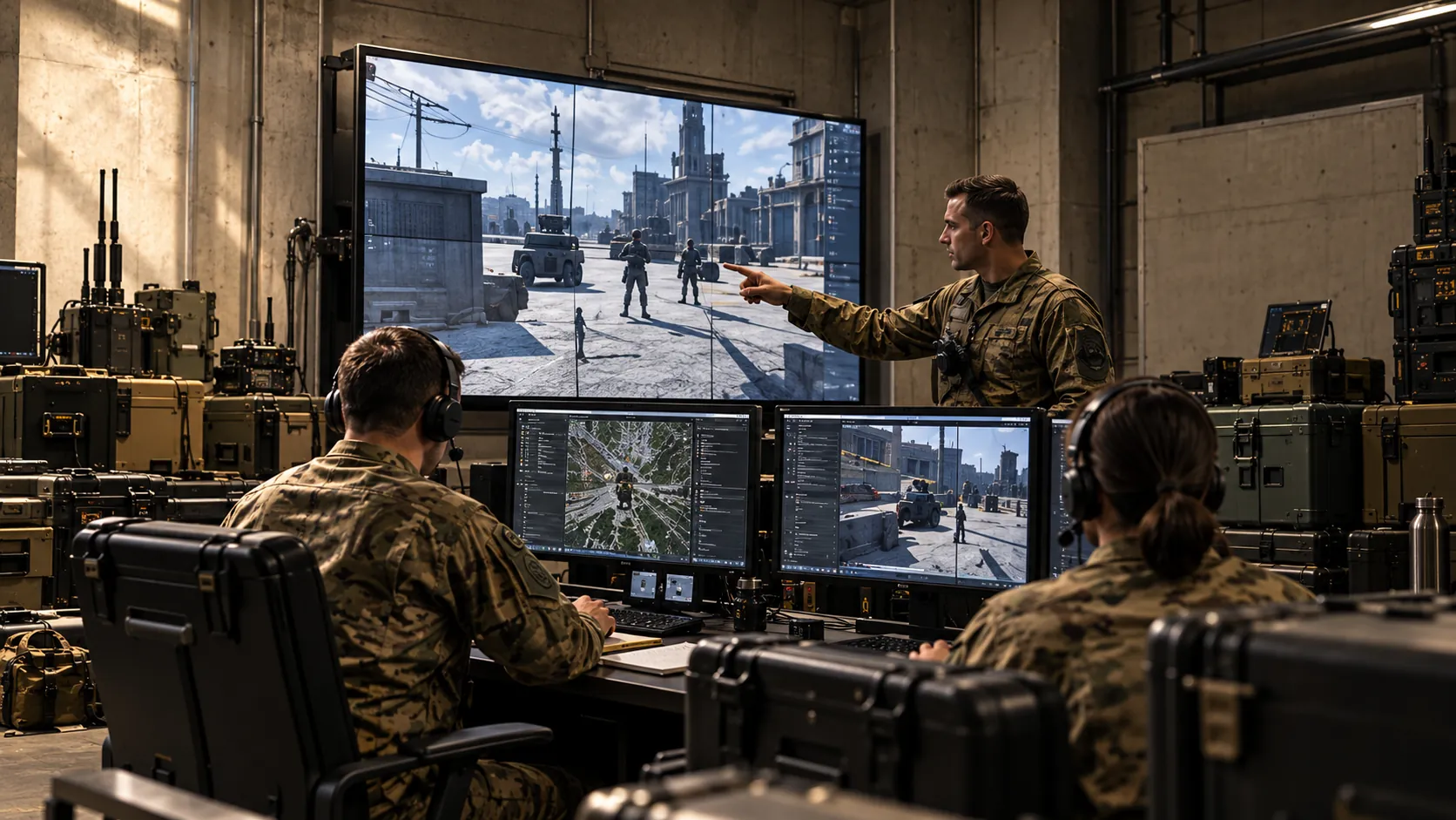 Instructor station and operator workstations in a simulation training room.