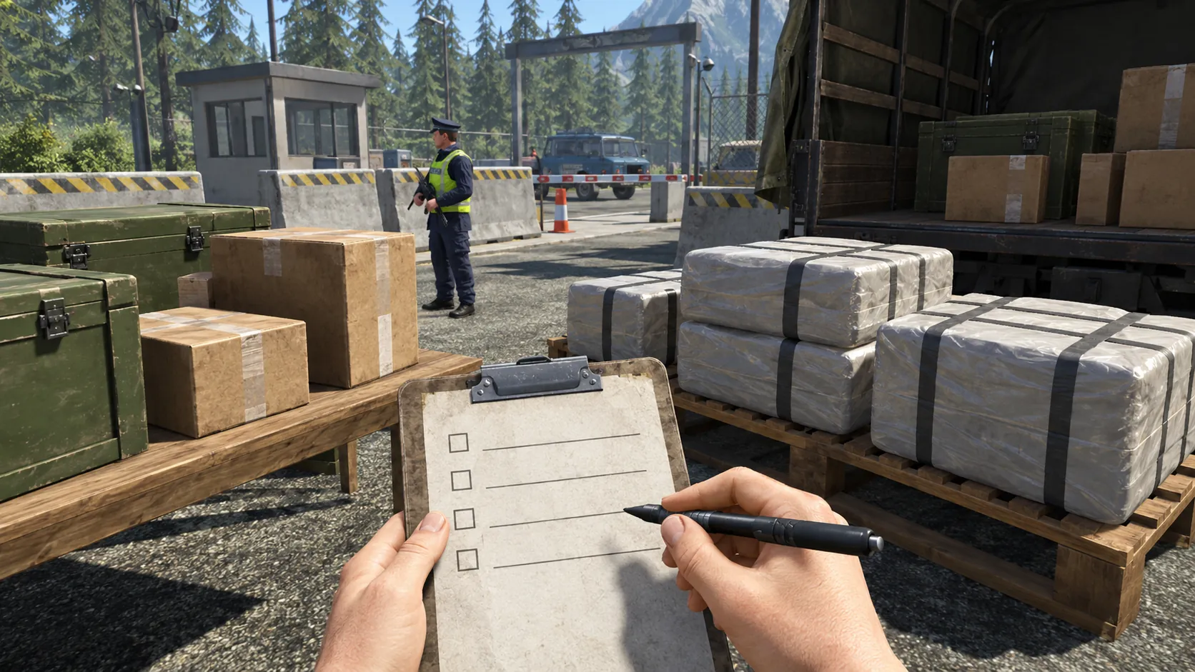 Trainee completing an inspection checklist beside cargo crates and wrapped packages at a simulated border crossing.