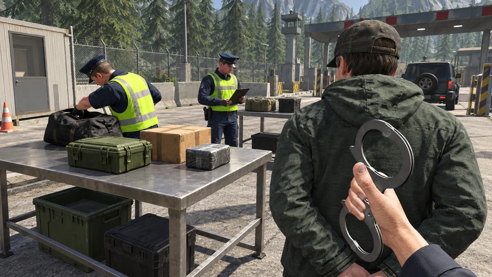 Trainee holding handcuffs behind a detained person while officers search bags at a simulated checkpoint.