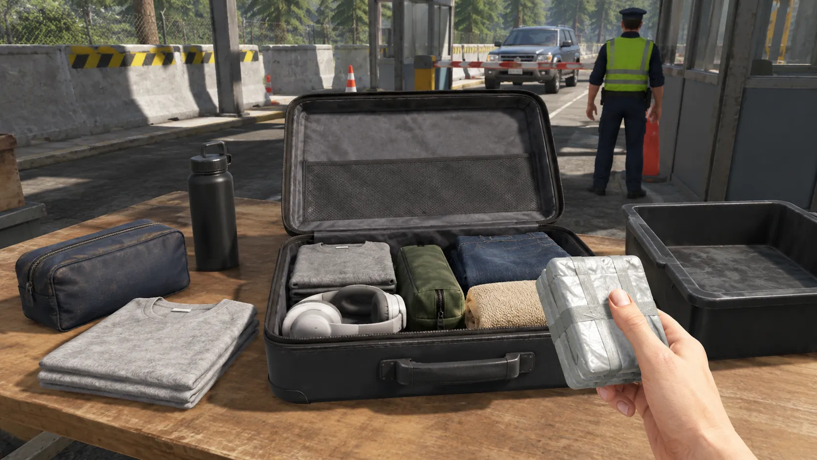 Trainee's view of an opened suitcase on an inspection table at a simulated border checkpoint, holding a wrapped package.