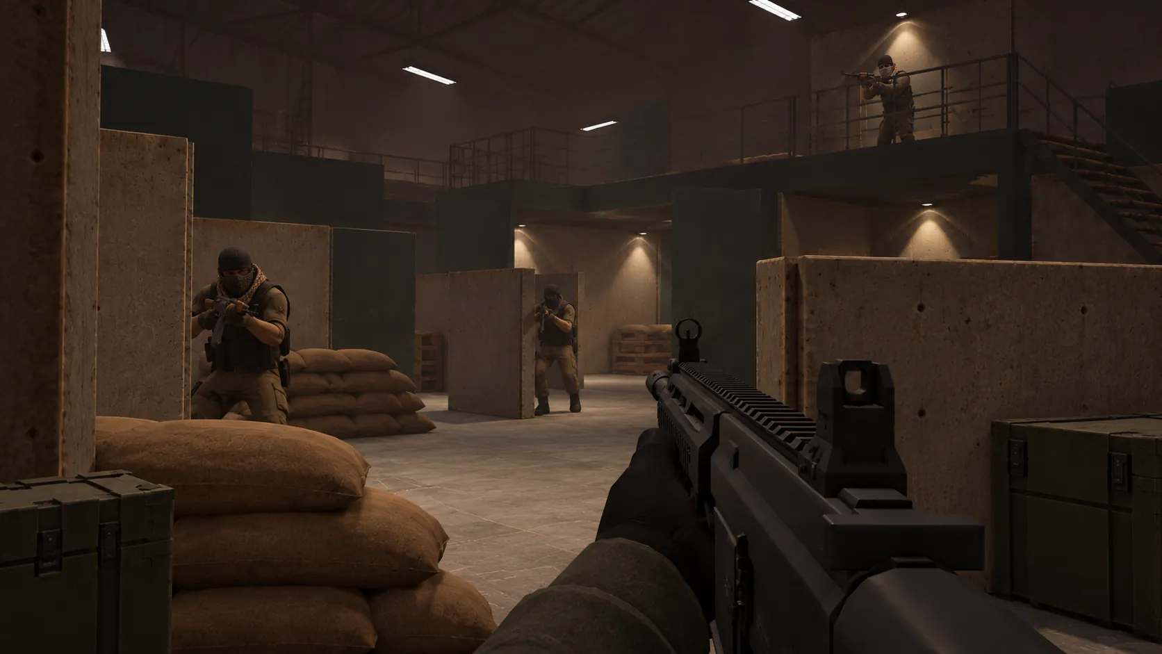 First-person view of a trainee advancing through an indoor training facility with simulated opposing actors behind cover.