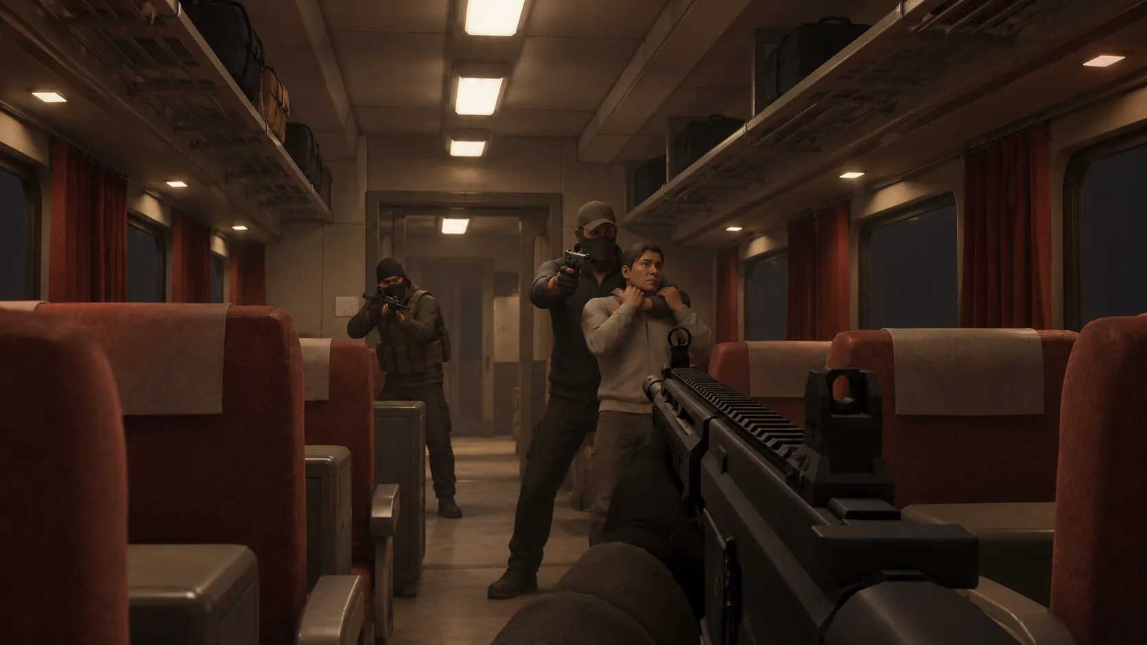 First-person view inside a train carriage where an armed subject holds a hostage.