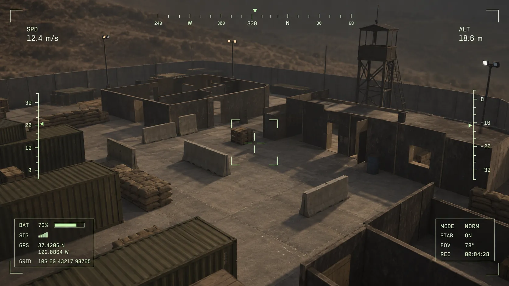 Simulated drone camera view over a walled training compound, with speed, altitude, battery, signal and position readouts.