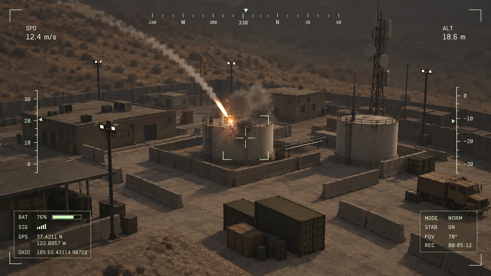 Simulated drone camera view of an exercise inside a synthetic range, with telemetry overlay.