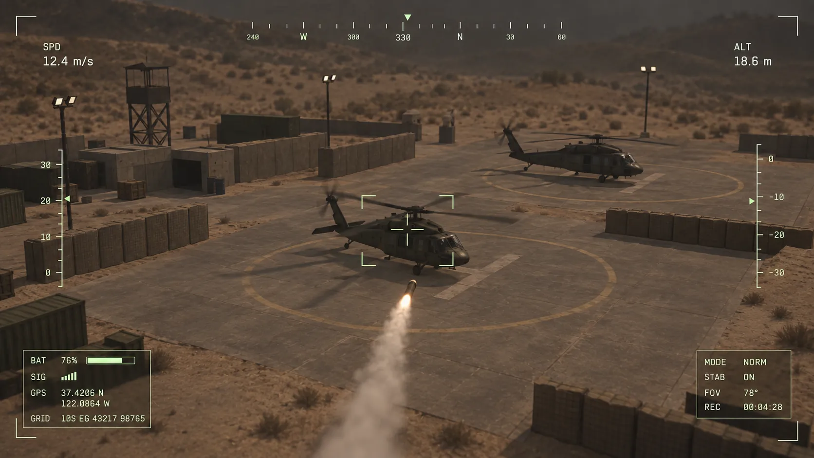 Simulated drone camera view over a helipad with helicopters, with telemetry overlay.