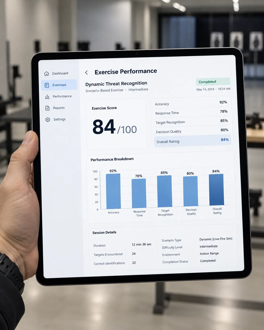 Tablet showing the instructor app's exercise performance screen: an overall score out of 100, indicator percentages, a bar chart and session details.