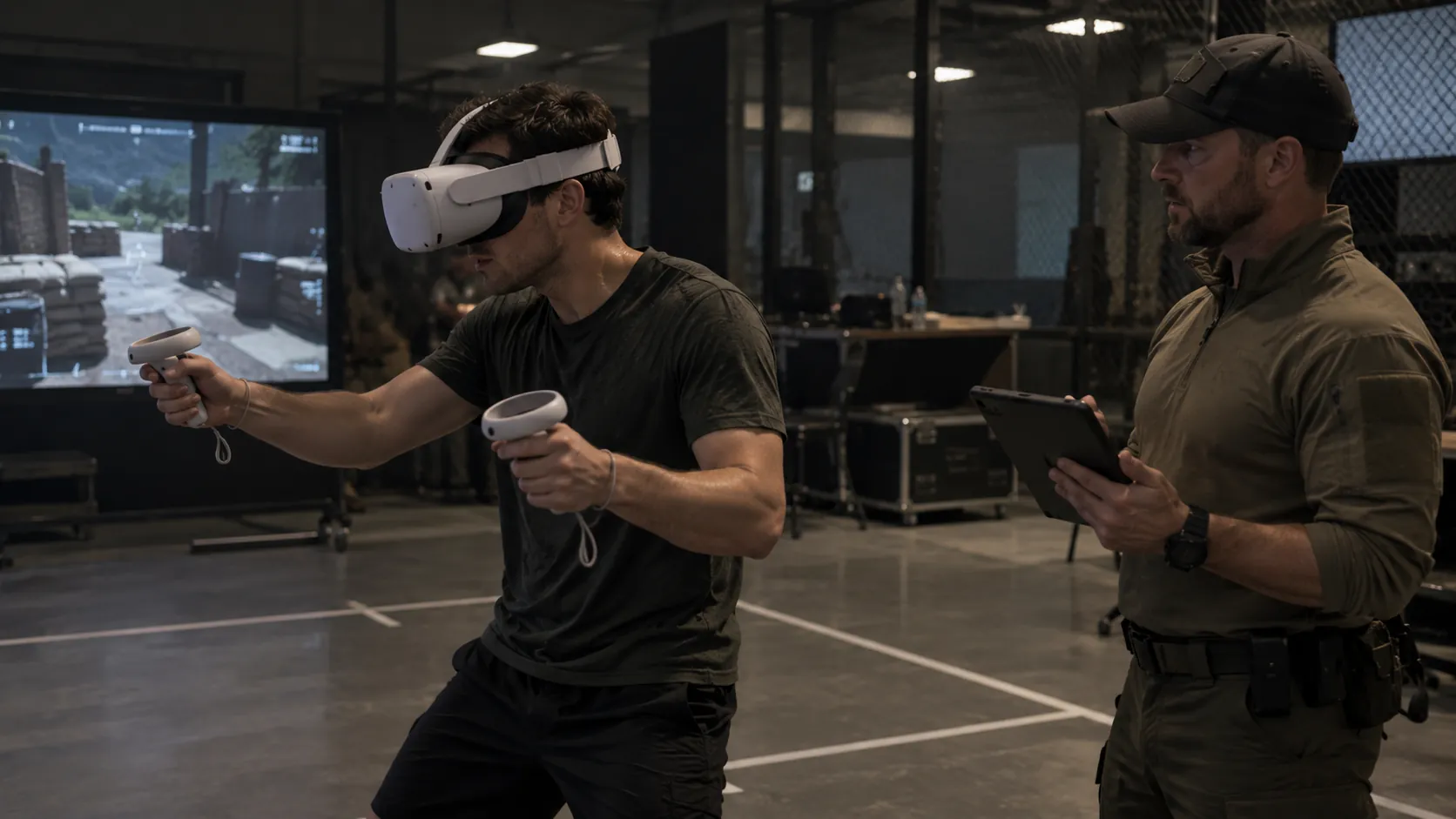 Instructor with a tablet configuring an exercise while a trainee in a VR headset works through it, the simulated scene visible on a screen.