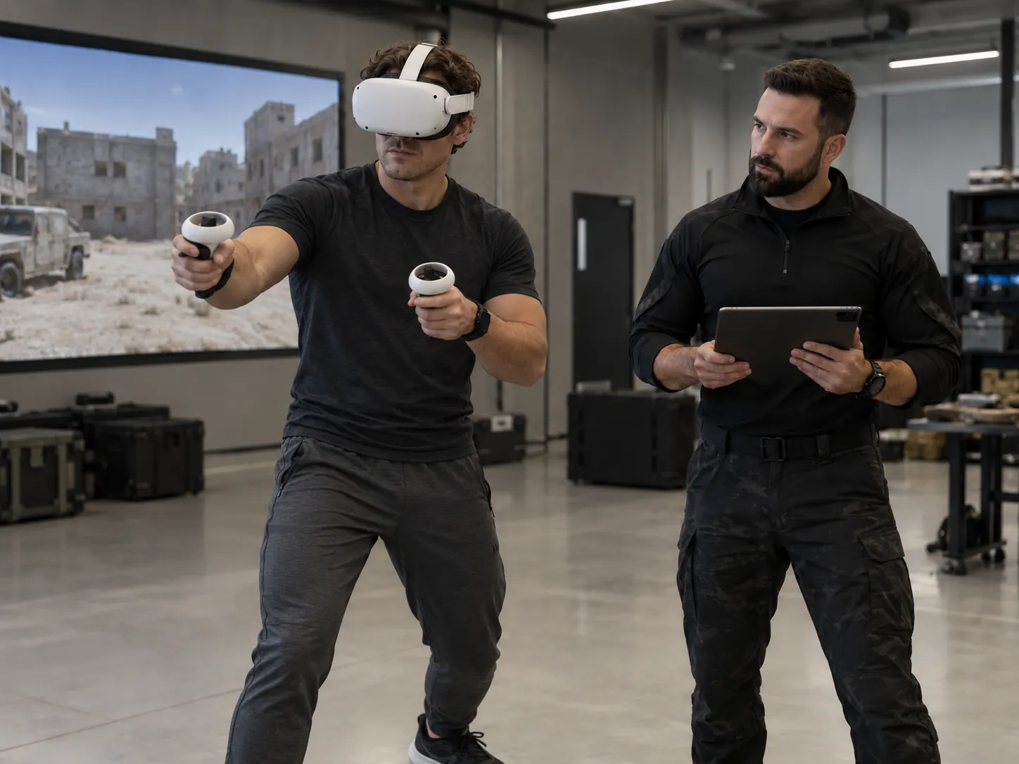 Instructor holding a tablet supervises a trainee wearing a VR headset, with the simulated environment shown on a large screen behind them.
