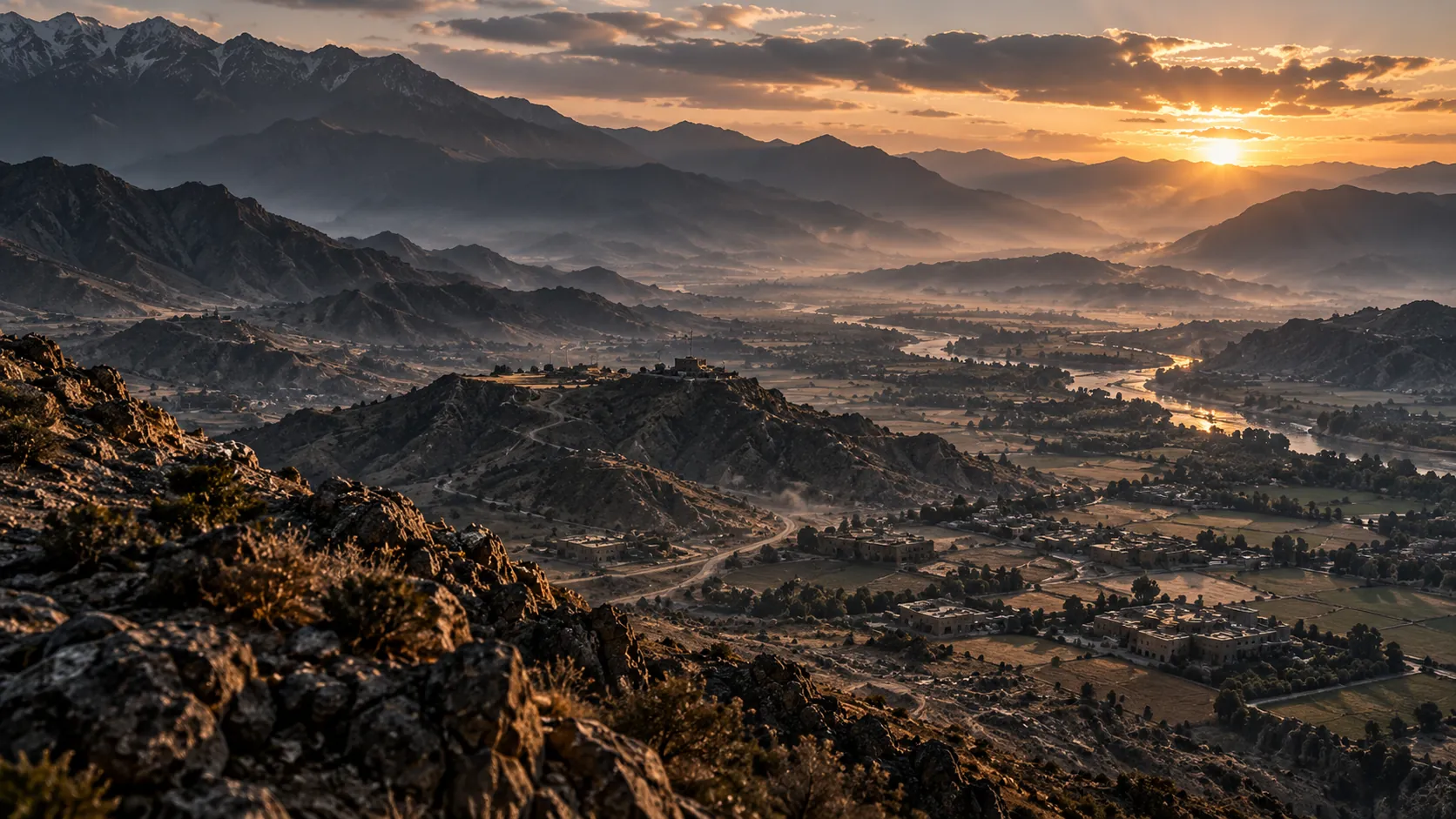 Mountain valley terrain at dusk seen from high ground.